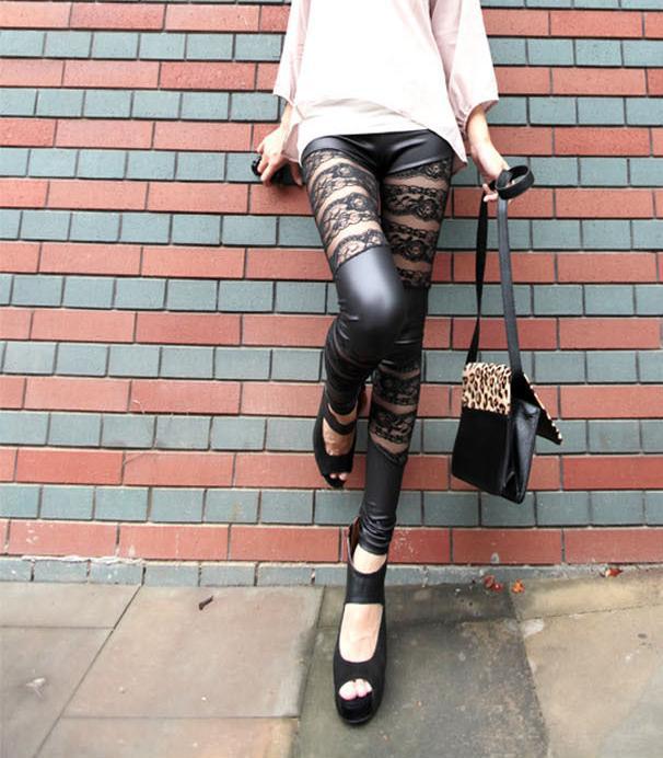 2013 high quality faux leather patchwork lace flower hollow out leggings ankle length trousers sexy see through slim pants