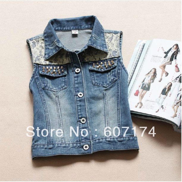 2013 Highly Recommend New European style Women's Personality Rivet Lace Denim Waistcoat Fashion Vest Jacket Size:S-L #2466