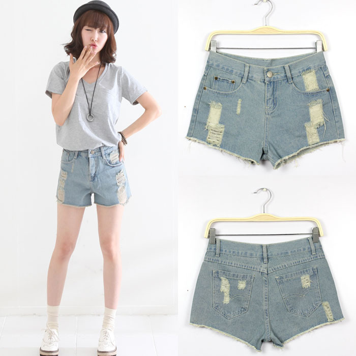 2013 hole light blue loose denim shorts mid waist jeans women's summer