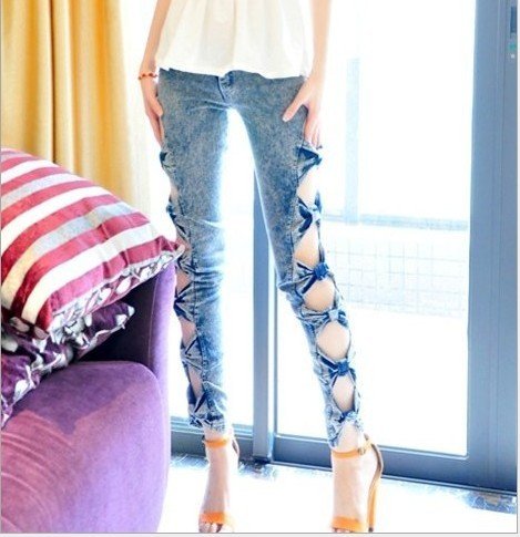 2013 Holes jeans tight jeans  bowknot adornment  fashionable woman pants   free shipping