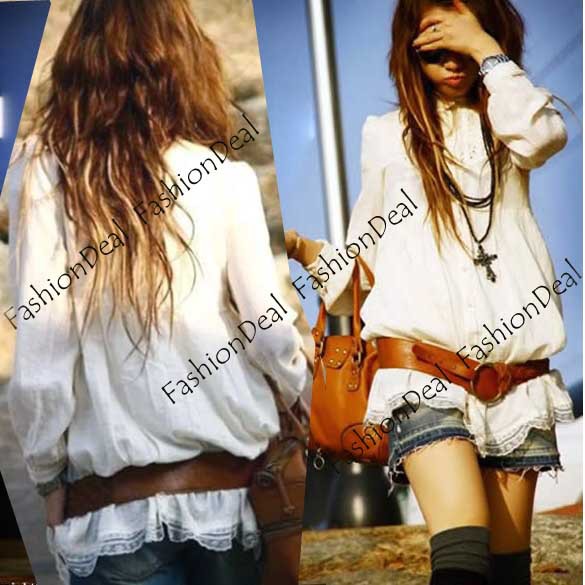 2013 Holiday Sale Fashion Women's dress Long Tunic Top Vintage HIPPIE White Lace Shirt Blouse Free Shipping 2863