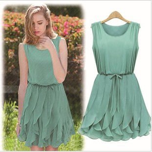 2013 hot elegant  Summer chiffon  casual dress sleeveless cake solid Dress + Free Shipping