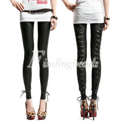 2013 HOT Gothic Punky Black Women's Faux PU Leather Sexy Cross Leggings Slim Tights Pants