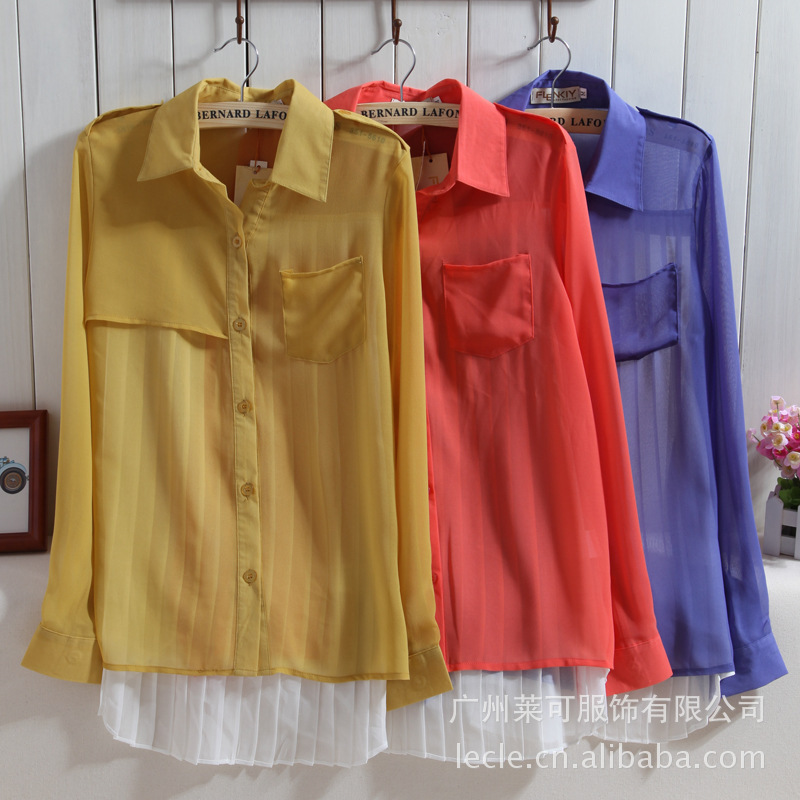 2013 Hot! Korean version new spring pleated  chiffon shirt lapel long-sleeved blouses