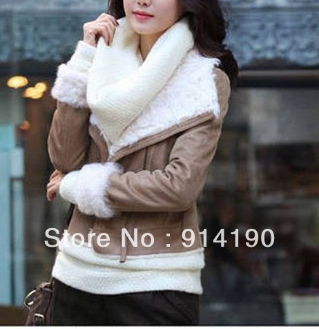 2013 hot sale excellent quality lamb wool lining collar women's buckskin leather winter outerwear jacket coat S-XL size