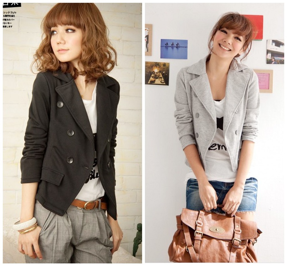 2013 Hot sale Spring Ladies Stylished Turn-down collar Cotton Jacket Button design Black grey casual short coat