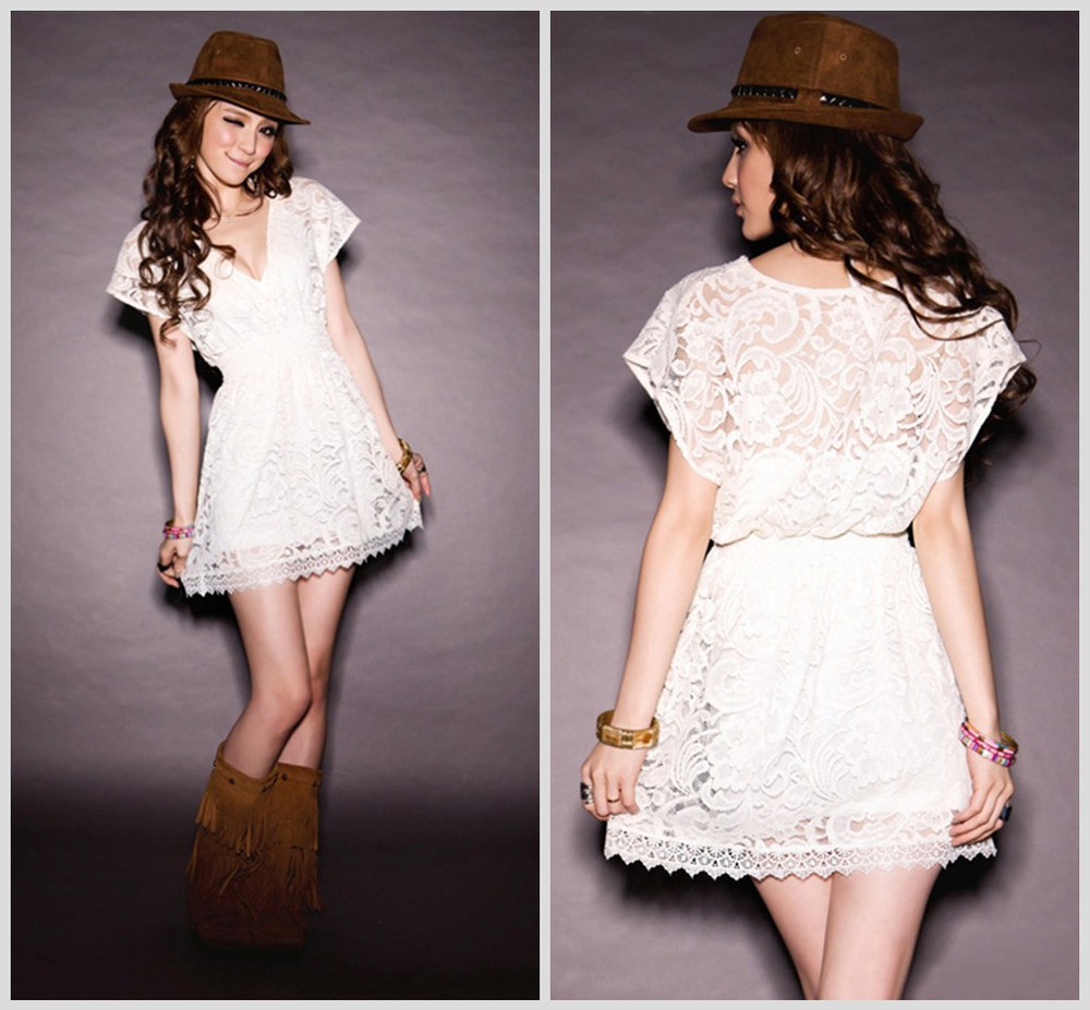 2013 Hot sale Summer Woman Sexy White V-Neck translucence Lace Mini dress Vintage short sleeve elastic waist dress Free shipping