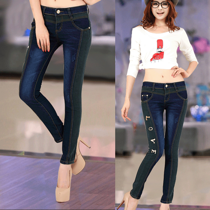 2013 hot selling skinny jeans autumn color block decoration slim personalized pencil pants light wash mid waist jeans