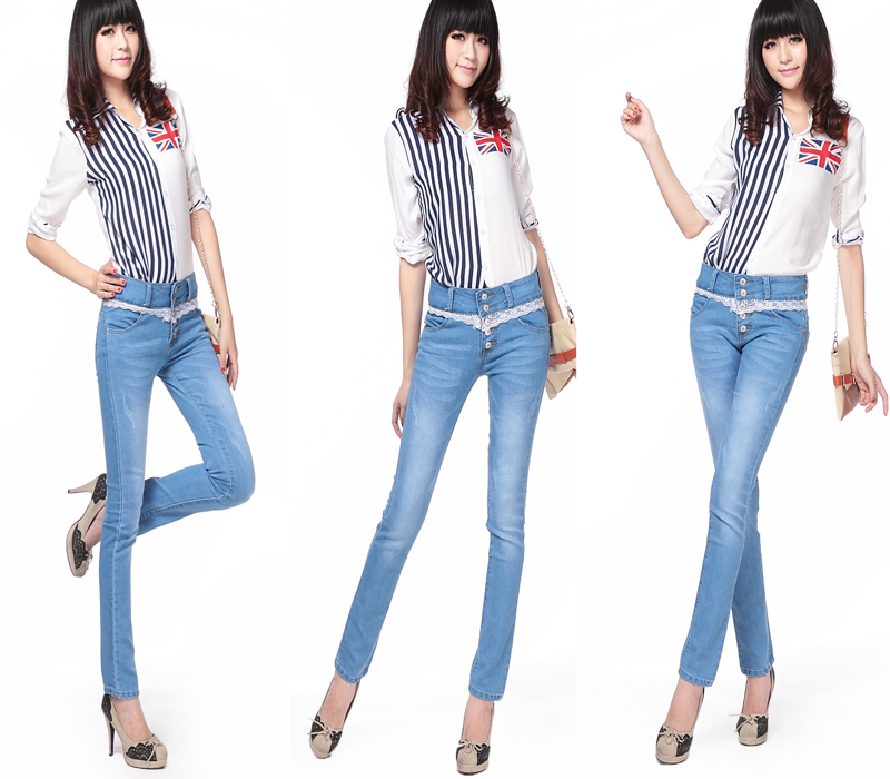 2013 hot selling women pants skinny jeans for women decoration buttons light blue women denim trousers light wash jeans