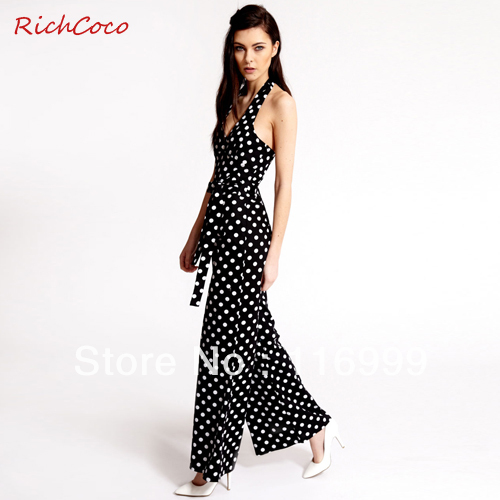 2013 HOT Sexy polka dot V-neck racerback bow sleeveless lacing chiffon jumpsuit plus size female Free shipping