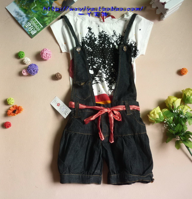 2013 jumpsuit casual female denim suspenders shorts summer dark color loose