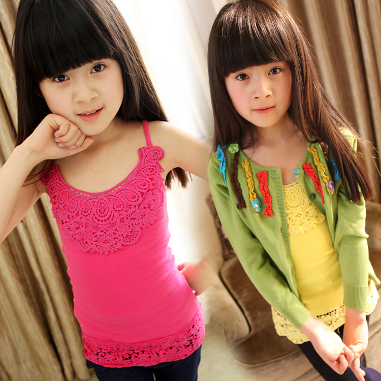 2013  kid's spring cutout crochet candy color elastic spaghetti strap top basic shirt top kid's