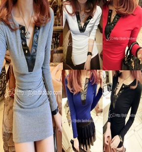 2013 knitted cotton faux leather patchwork V-neck medium-long solid color basic t-shirt t160