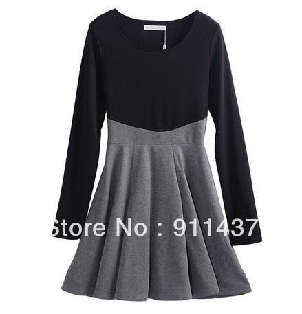 2013 Korea New Fashion women's Round Neck Long Sleeve slimming Dress Size S M L XL XXL for spring and autumn Free Shipping