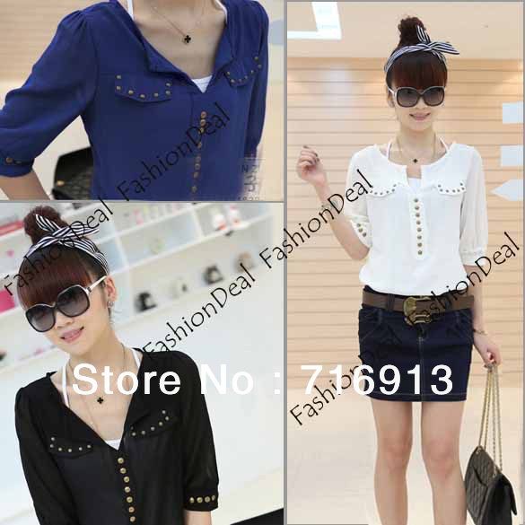 2013 Korea Women V-neck Studs 1/2 Sleeve Chiffon Shirt Blouse Top Black White Blue Free Shipping 7424