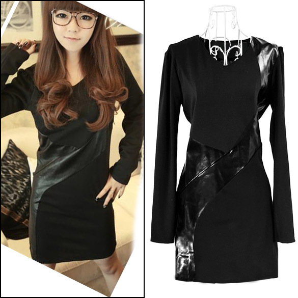 2013 Korea Womens Long Sleeve V-Neck Synthetic Leather Splicing Cotton Mini Dress free shipping 8434