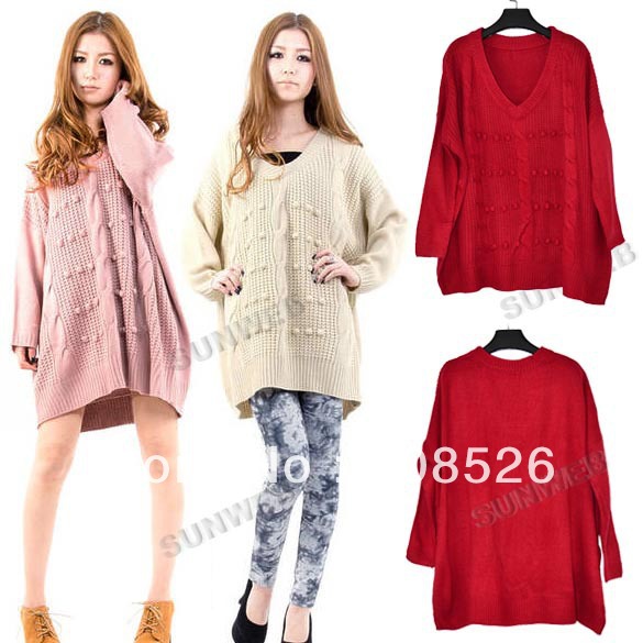 2013 Korean Fashion Women's Casual Loose Batwing Sleeve V-Neck Knitting Sweaters Tops 3 colors free shipping 9475