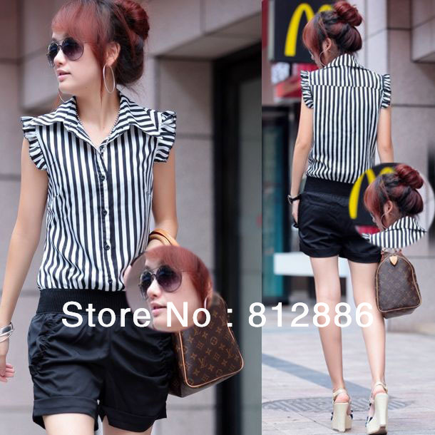 2013 Korean new arrival turn down collar short pants fashionable striped Jumpsuits & Rompers ruffle overalls free shipping