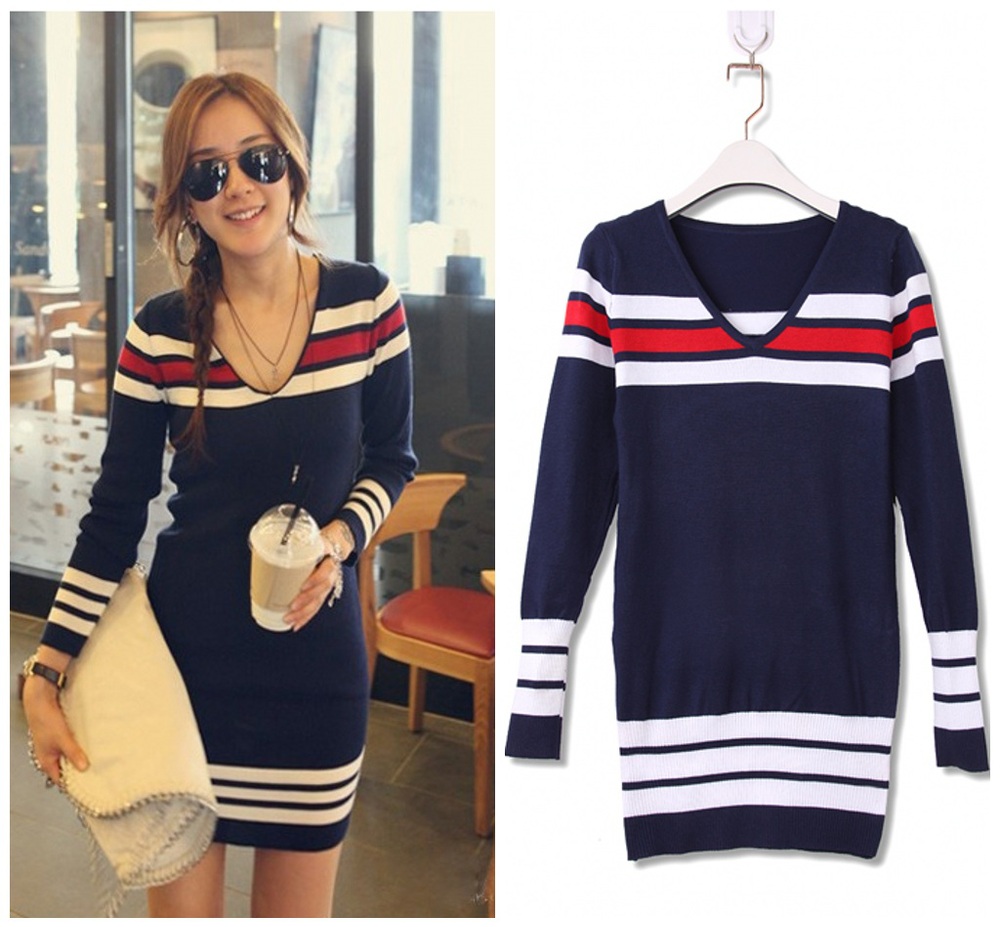 2013 Korean Spring Preppy Woman Blue V-Neck Long sleeves Strip Hem Mini Dress Color block Slim fit Cozy thick Knit Miss Dress