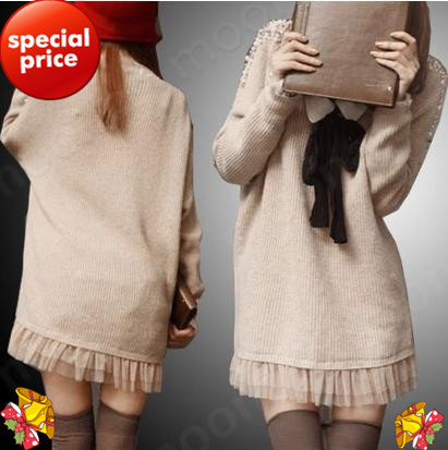 2013 Korean Style Ladies Cute Shoulders Pearl Beading Lace Hem Tops Winter Spell Gauze Casual Sweater Knitted Garment E0849