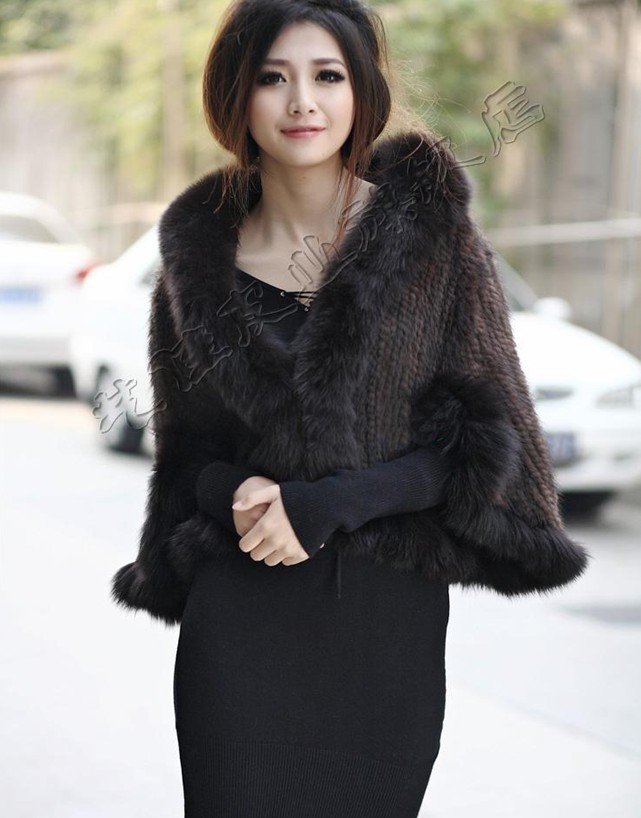 2013 Korean Style Lady Genuine mink hair Fur knitted and Fox Fur Collar Coat Wraps Three Quarter DHL Free Shipping