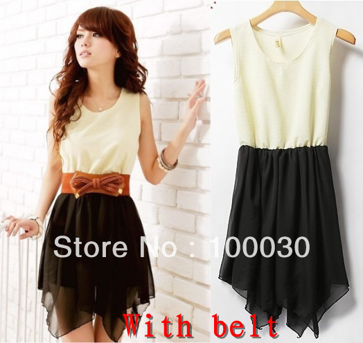 2013 Korean Women Summer Fashion Chiffon + Cotton blended sleeveless Top Mini Dress With Belt free shipping