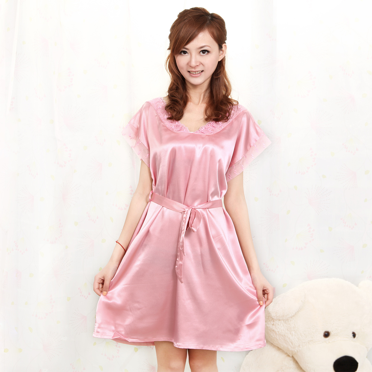 2013 lace decoration fashion silk sleepwear Pink solid color short-sleeve sexy nightgown lounge female