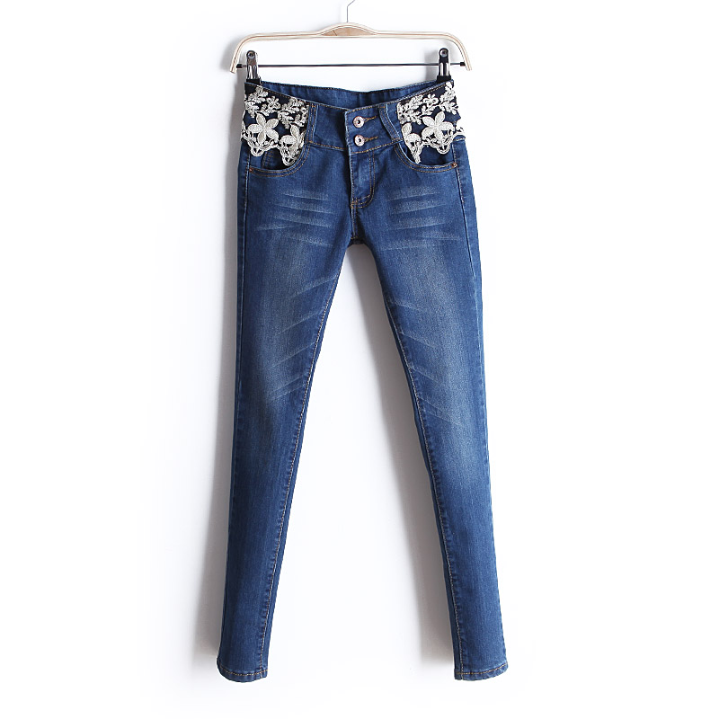 2013 laciness lace embroidery denim trousers slim pencil pants female wk1575 free shipping