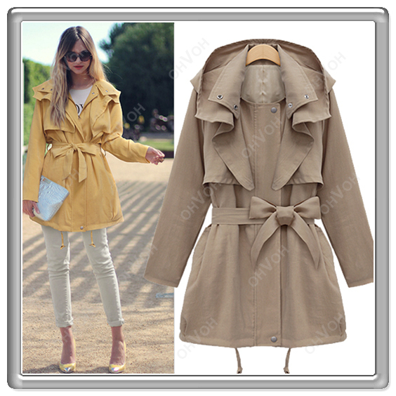 2013 Ladies Hooded Long Sleeve Belted Thigh Length Trench Coat