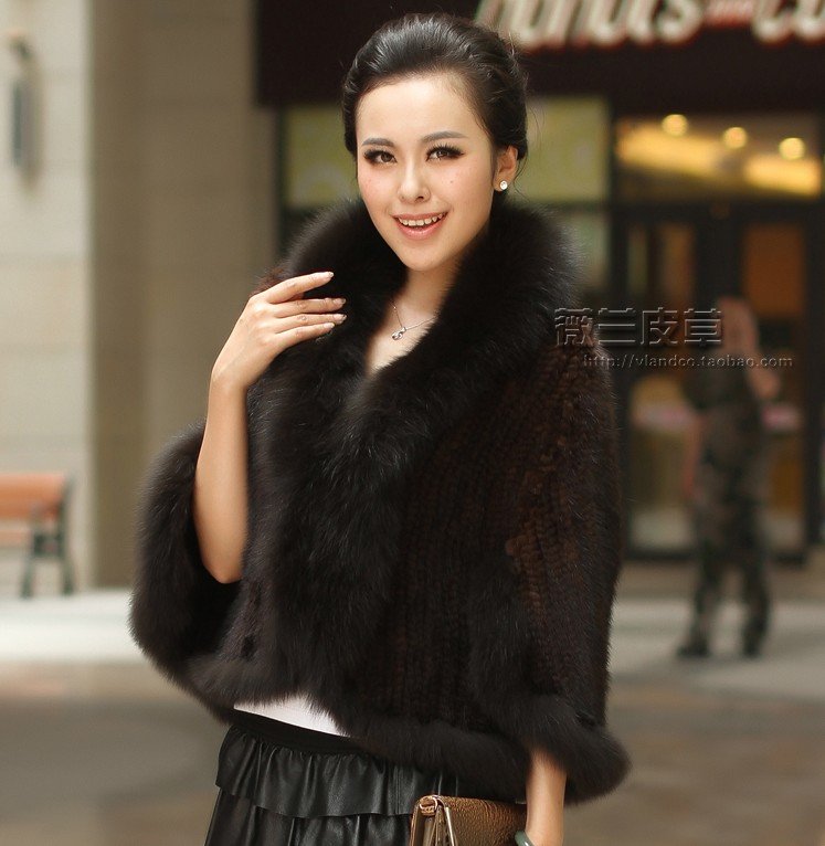 2013 Lady Genuine Mink Hair Fur and Fox Fur Collar/ Wraps/Shawl Women's Fur Vest Three Quarter Sleeve Free size  Free Shipping