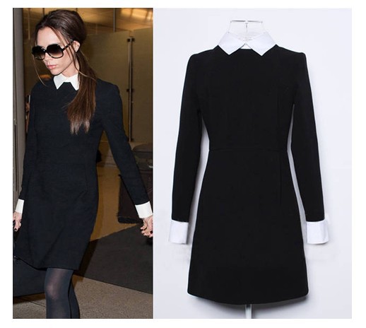 2013 lady's dress black turn down collar slim dress-prom long sleeve womens dress casual dress S M L