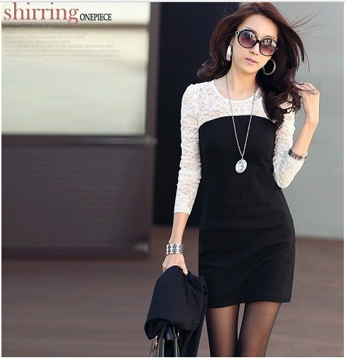 2013 lady's dress sexy cotton lace mini dress women's cloth S M L XL working dress-prom long sleeve