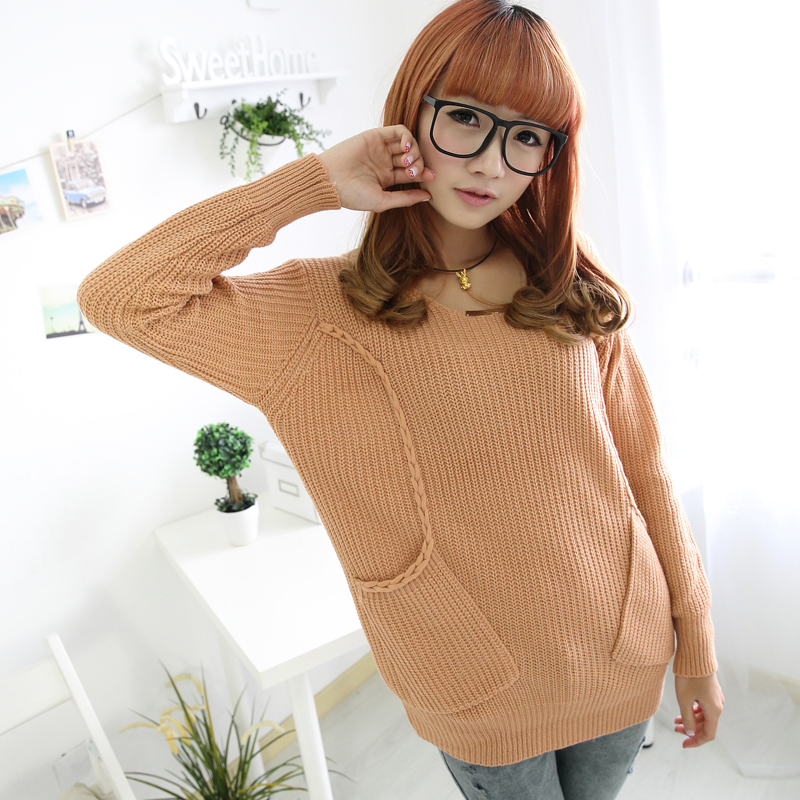 2013 large pocket spring all-match o-neck long-sleeve loose solid color sweater outerwear female 1293