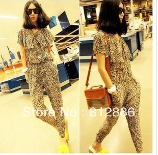 2013 Latest  leopard romper fashion long  bodysuit jumpsuit womens jumpsuite ruffle overall korean harem pants free shipping