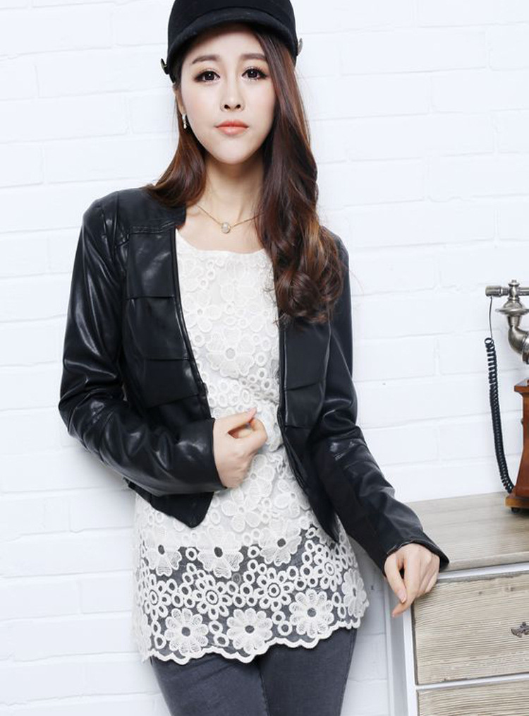 2013 leather clothing design long-sleeve short outerwear leather jacket female slim women's casual vest female