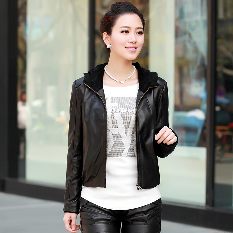 2013 leather clothing female short design slim genuine leather clothing hooded motorcycle jacket female outerwear