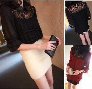 2013 leather small lapel dress sexy black lace patchwork chiffon one-piece dress