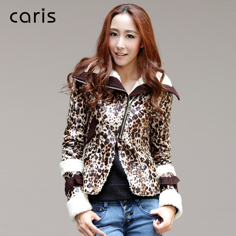 2013 leopard print outerwear spring and autumn cardigan leather  short design slim jacket