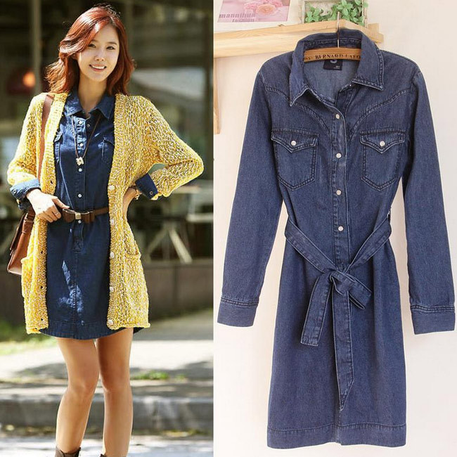 2013 Long SLeeve Office/Casual Women's Denim Dresses Mini Shirt Dress with Model's Leather Belt and Denim Belt Free Shipping