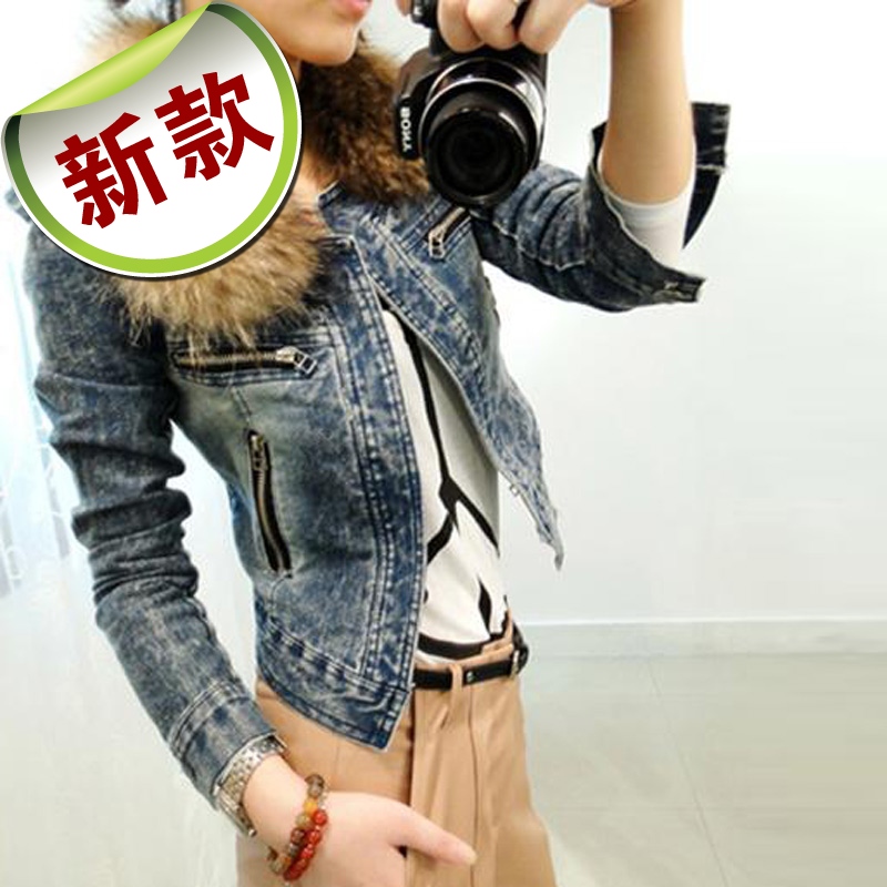 2013 long-sleeve short design thickening denim outerwear slim fur collar zipper women's denim jacket