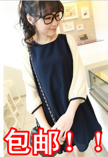 2013 loose color block sleeves pullover o-neck chiffon one-piece dress female