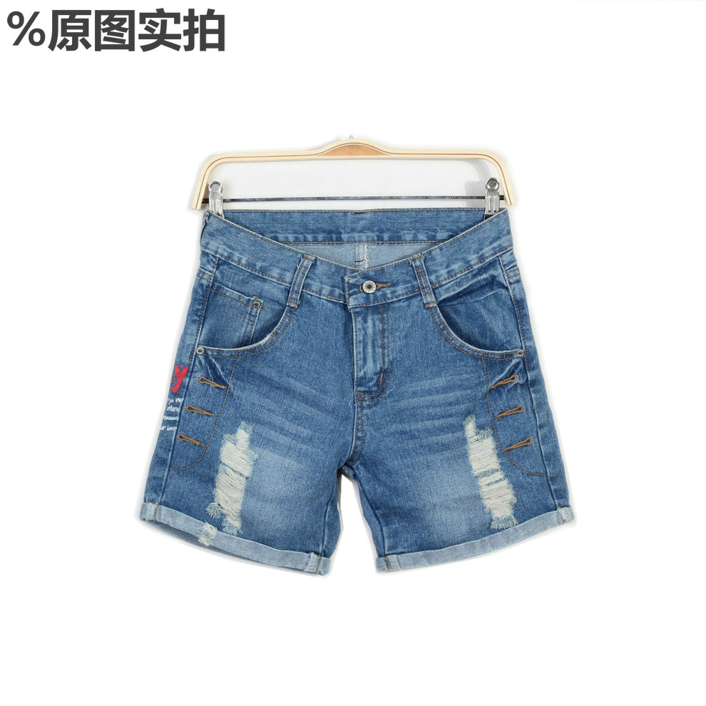 2013 loose hole roll up hem denim shorts pants female