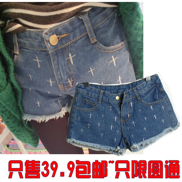 2013 loose plus size denim shorts female cross dark color denim boot cut jeans hot trousers