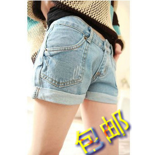 2013 loose plus size light color roll-up hem denim shorts female shorts female trousers