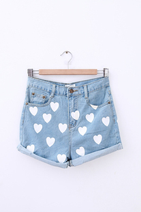 2013 loose print denim high waist roll-up hem pants love small shorts female