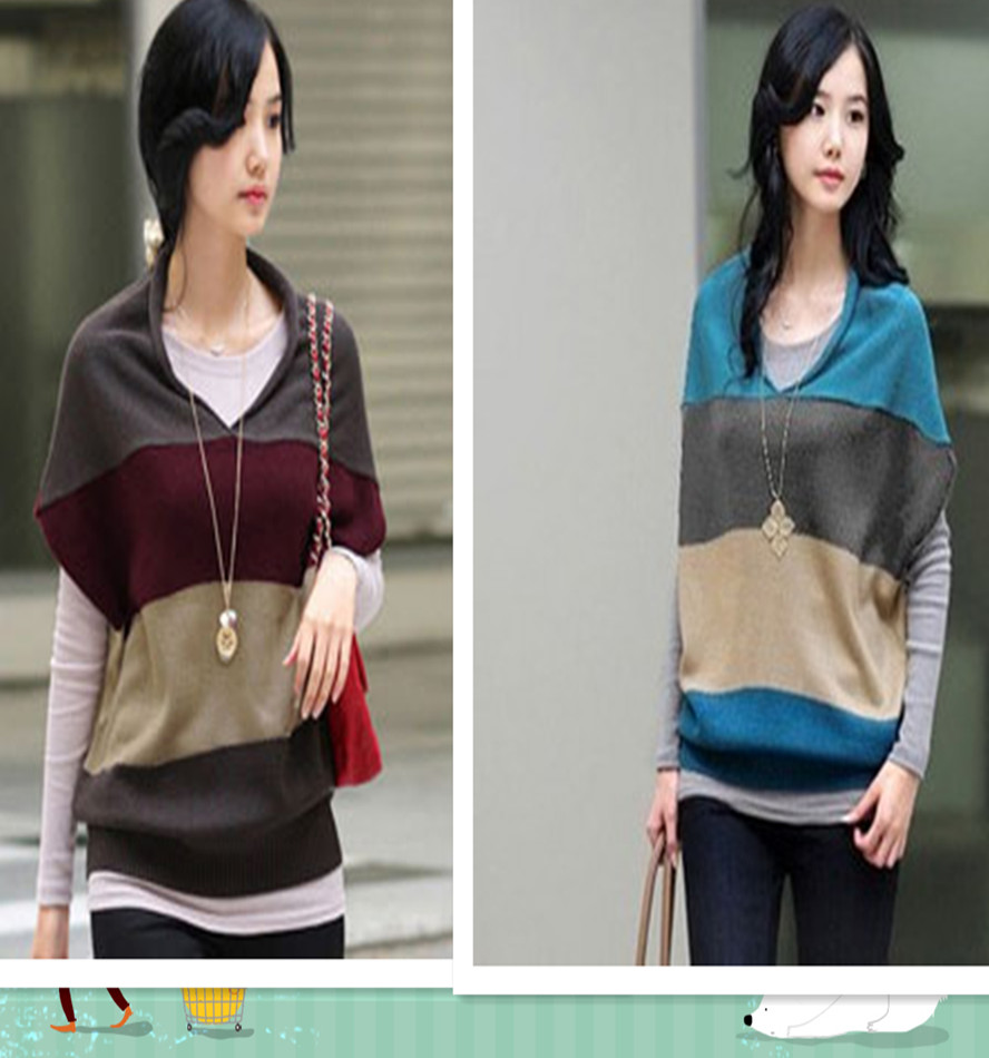 2013 loose vest big stripe color block decoration lamb wool pullover sweater waistcoat women's