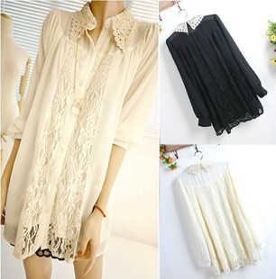 2013 lovely sexy female loose long-sleeve lace cutout crochet  design chiffon shirt for women black white color 13021803