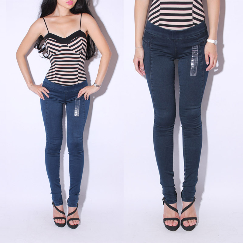 2013 low-waist fashion three-dimensional cut elastic denim pencil tight skinny pants dark blue