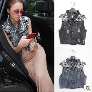 2013 lowing summer new arrival women's vintage beading paillette denim short vest