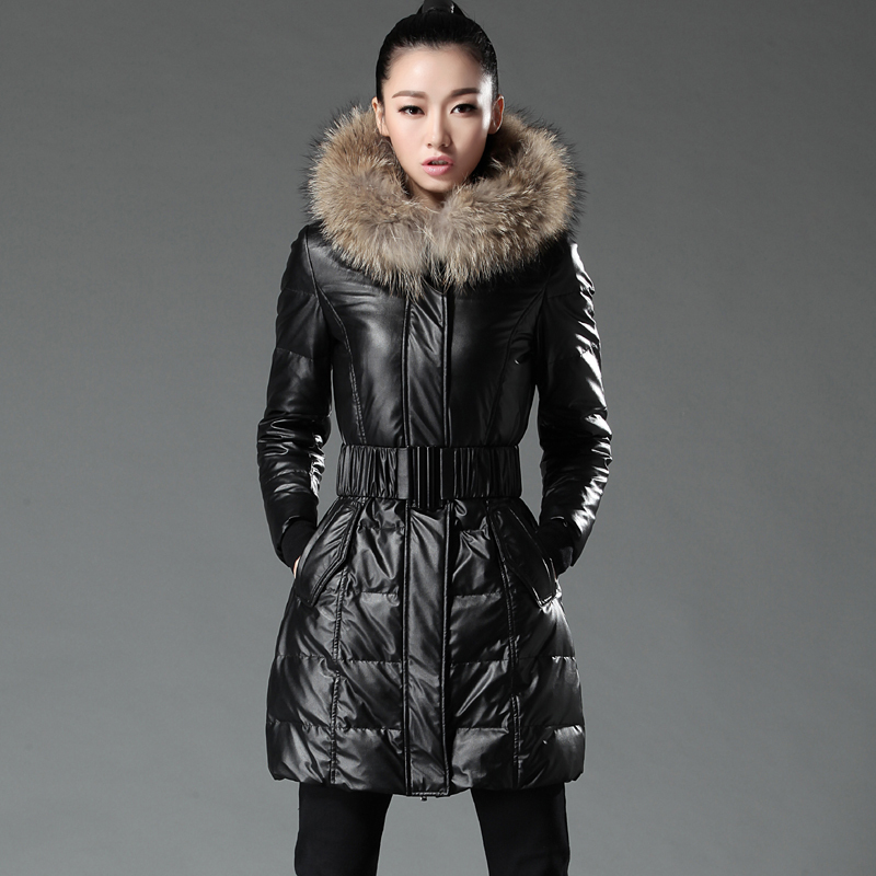 2013 luxury large fur collar slim with a hood PU thickening medium-long down coat women